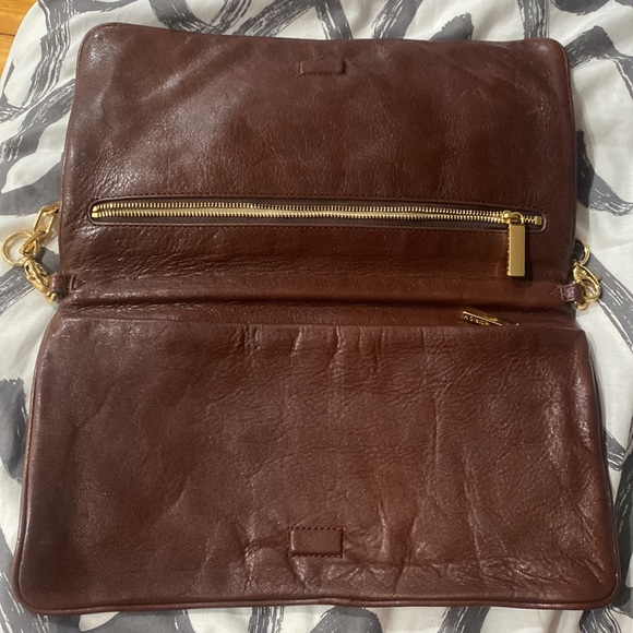 Tory Burch Bombe Reva Clutch Coffee Leather Gold Chain - Picture 2 of 3